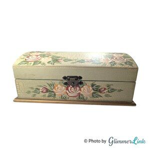 Vintage Hand Painted Floral Wooden Chest – Crackle Finish Jewelry Box, 1990s
